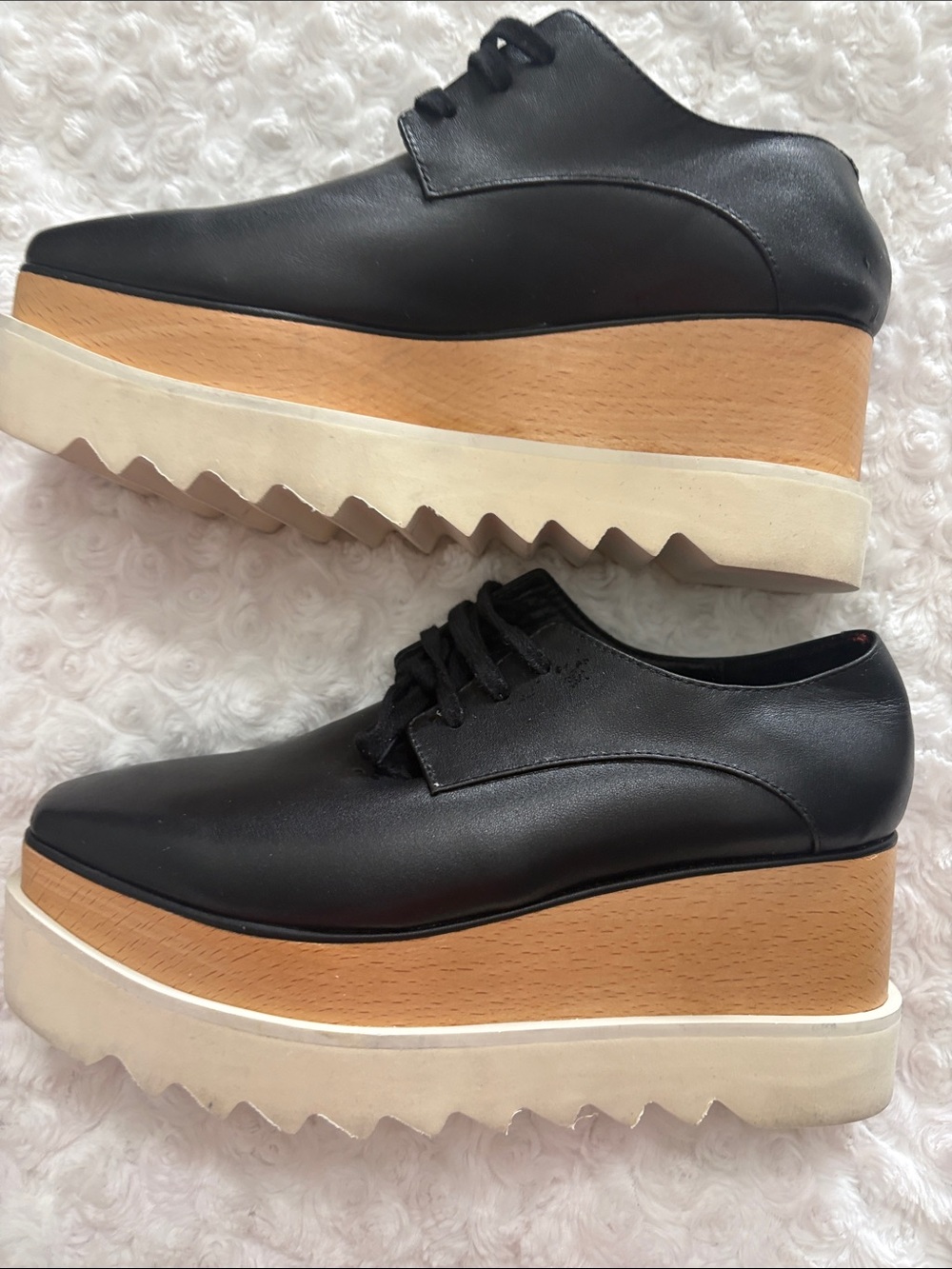 Stella McCartney Black Leather Platform Lace-Up Shoes with Wood-Effect Midsole